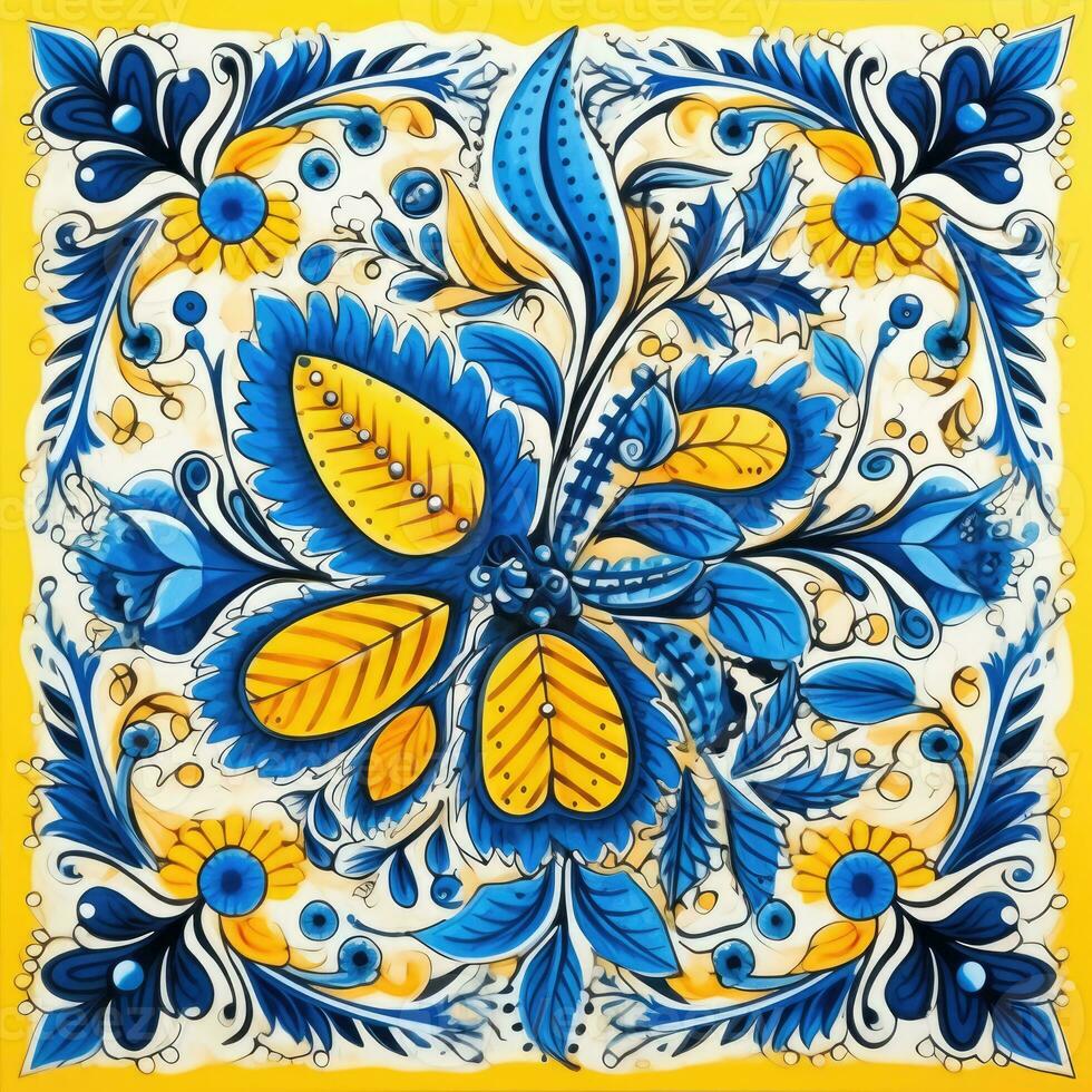 retro Jahrgang aufwendig Ornament Fliese glasiert slawisch Russisch Mosaik Muster Blumen- Blau Platz Kunst foto
