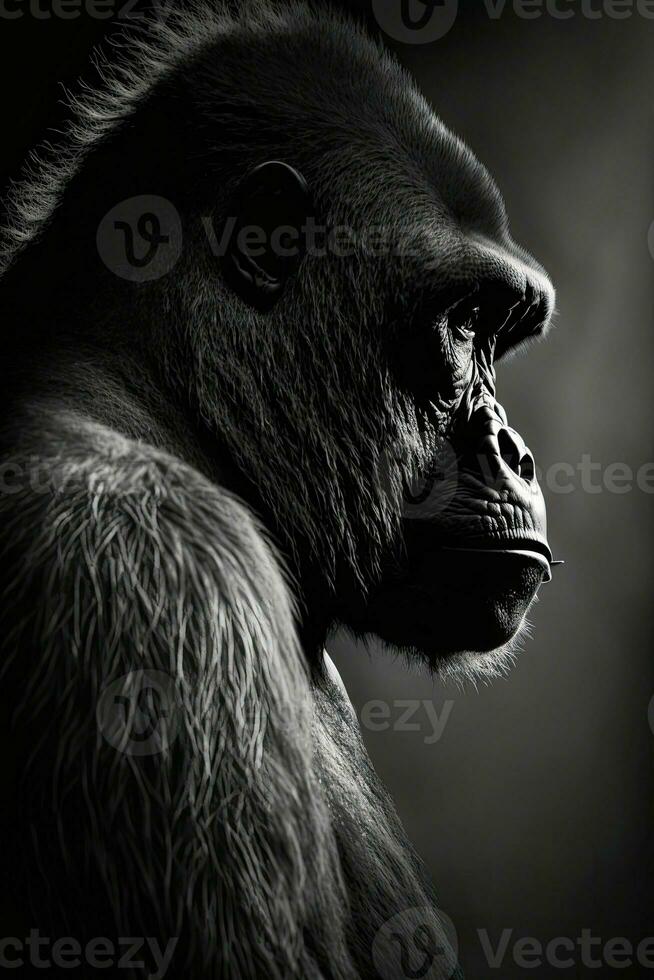 Gorilla Affe Affe Porträt Studio Silhouette Foto schwarz Weiß von hinten beleuchtet Bewegung Kontur tätowieren
