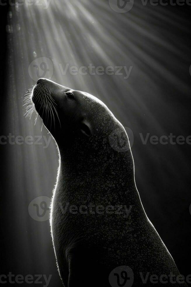 Pelz Siegel Studio Silhouette Foto schwarz Weiß Jahrgang von hinten beleuchtet Porträt Bewegung Kontur tätowieren