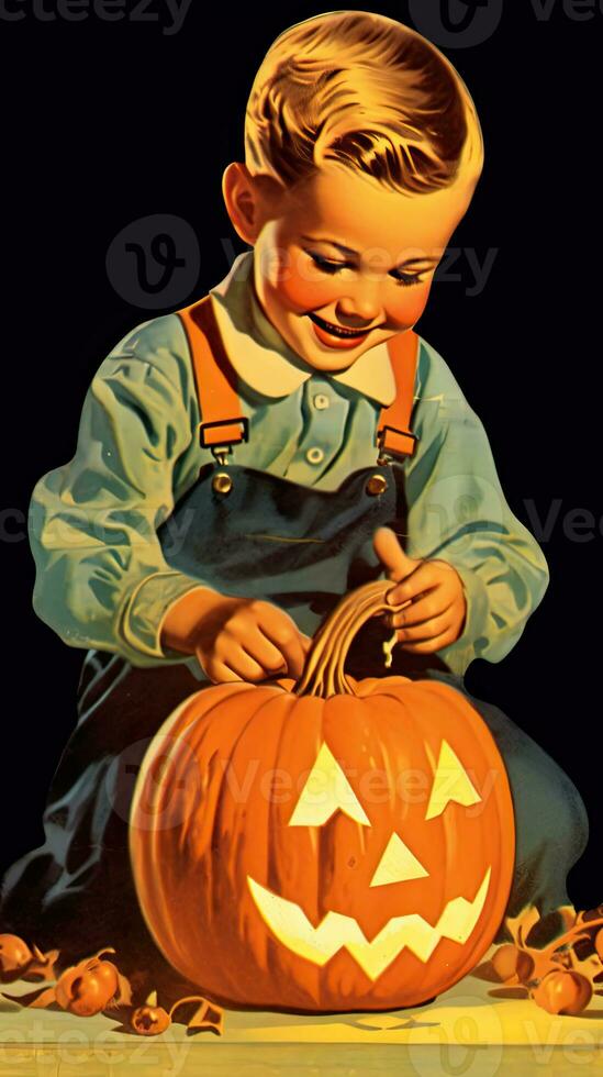 Jahrgang retro Kinder Buch Postkarte Illustration 1950er Jahre unheimlich Halloween Kostüm Lächeln Hexe foto