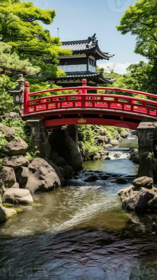 Japan Zen Brücke Landschaft Panorama Aussicht Fotografie Sakura Blumen Pagode Frieden Stille Turm Mauer foto