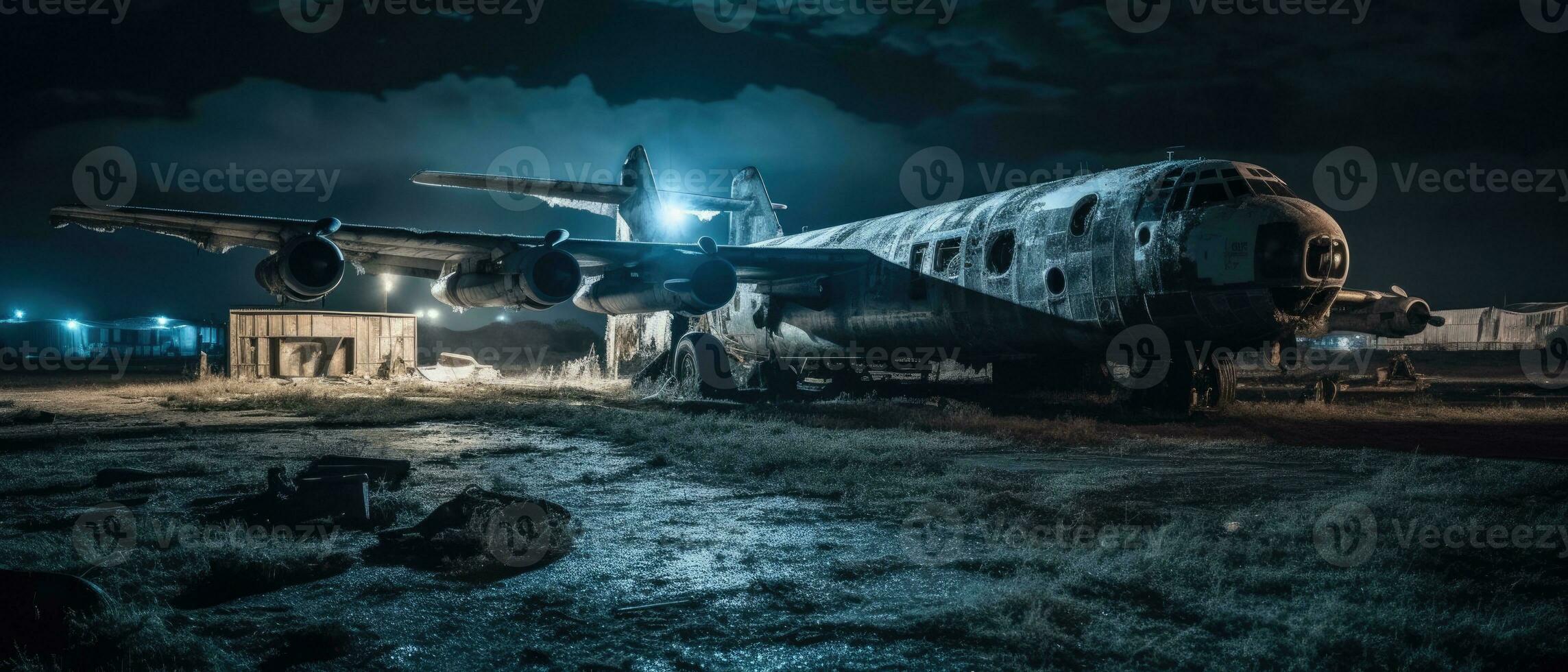 groß Krieg Flugzeug Militär- Post Apokalypse Landschaft Krieg Spiel Hintergrund Foto Kunst Illustration Rost