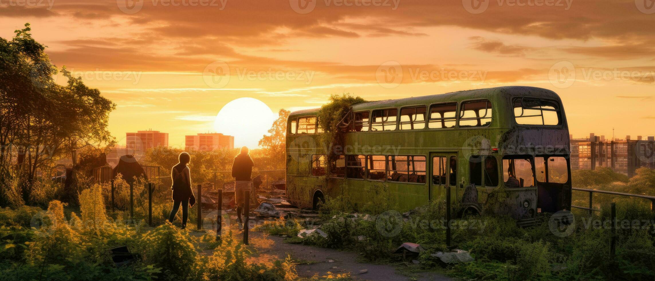 rot Bus doppelt Decker London Post Apokalypse Landschaft Spiel Hintergrund Foto Kunst Illustration Rost