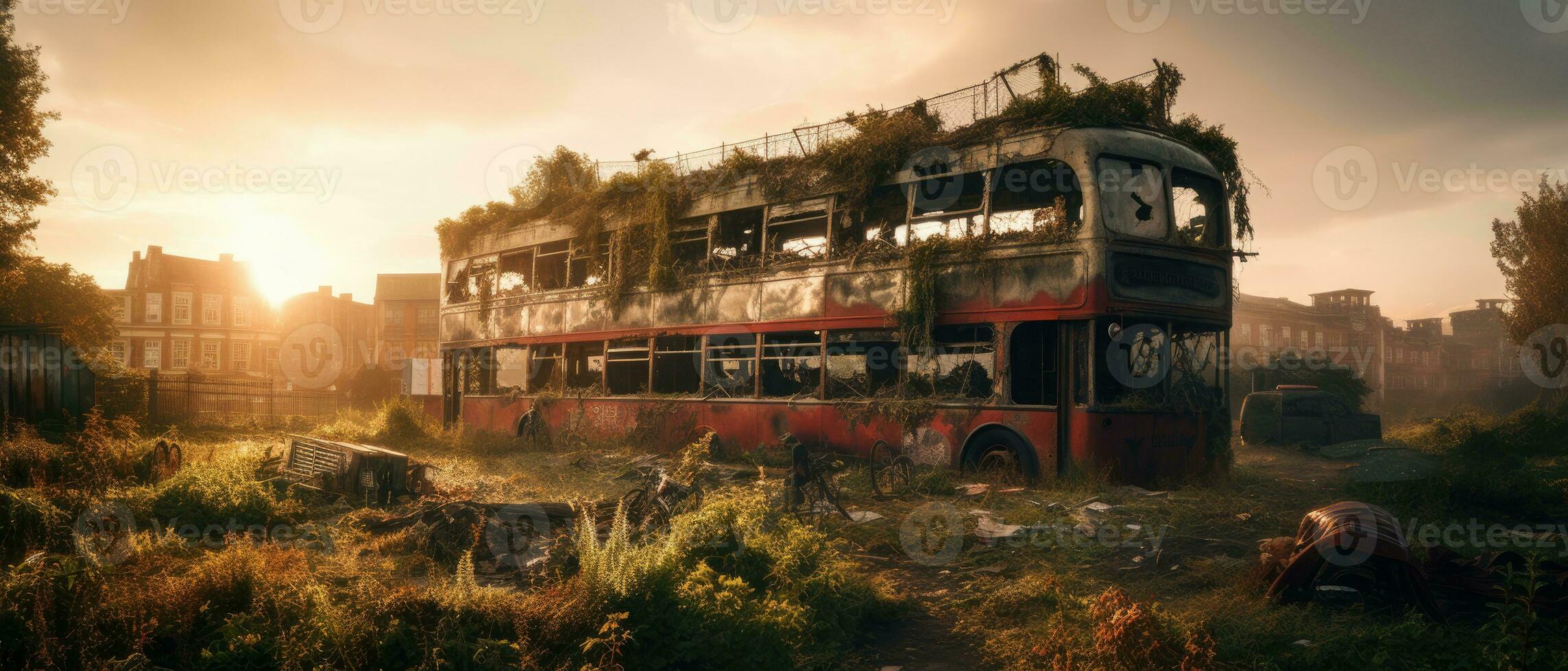 rot Bus doppelt Decker London Post Apokalypse Landschaft Spiel Hintergrund Foto Kunst Illustration Rost