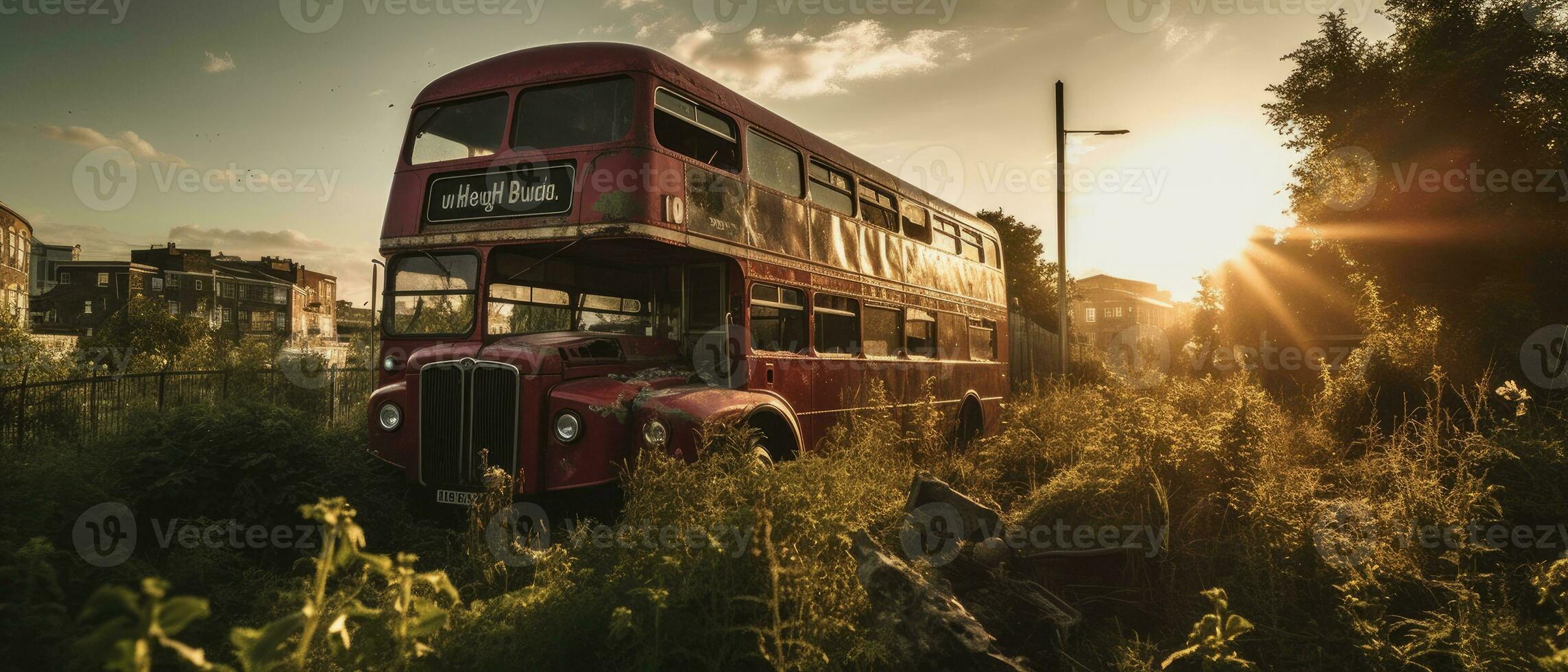 rot Bus doppelt Decker London Post Apokalypse Landschaft Spiel Hintergrund Foto Kunst Illustration Rost