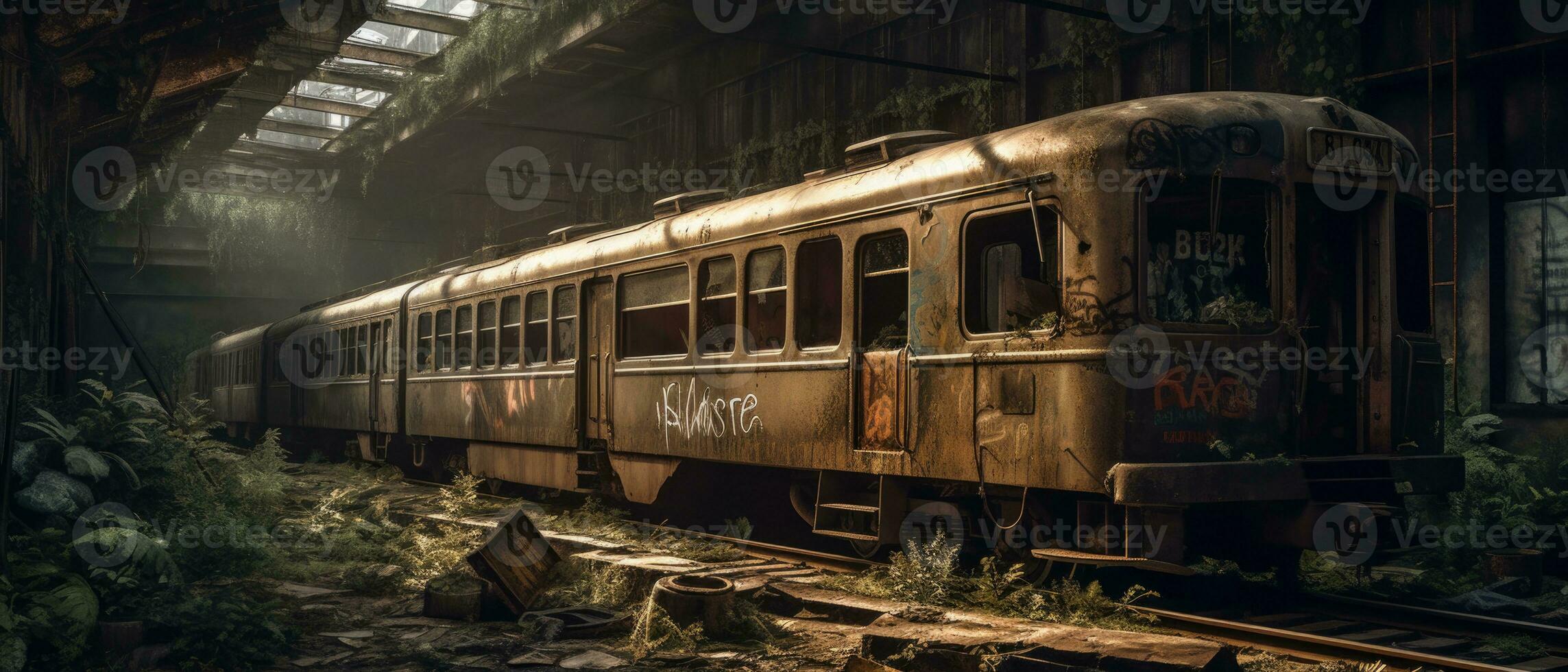 Zug Wagen U-Bahn Bahnhof Post Apokalypse Landschaft Spiel Hintergrund Foto Kunst Illustration Rost