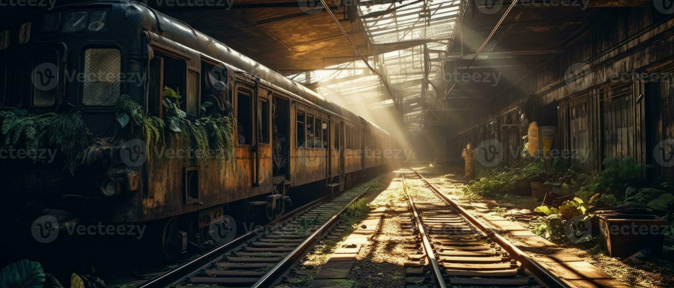 Zug Wagen U-Bahn Bahnhof Post Apokalypse Landschaft Spiel Hintergrund Foto Kunst Illustration Rost