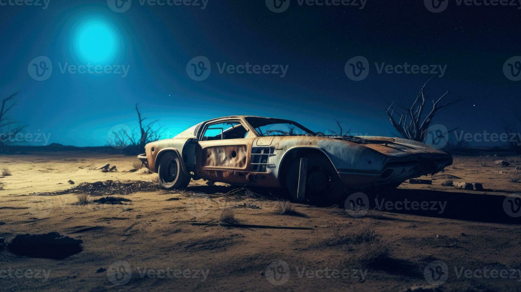 retro Super Auto zerstört Post Apokalypse Landschaft Spiel Hintergrund Foto Kunst Illustration Rost