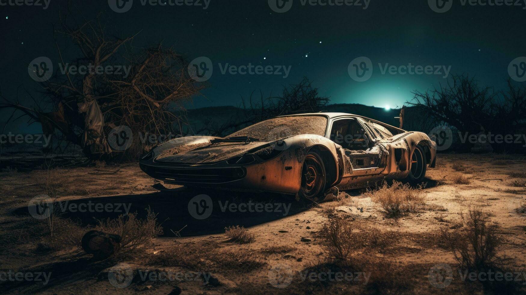 retro Super Auto zerstört Post Apokalypse Landschaft Spiel Hintergrund Foto Kunst Illustration Rost