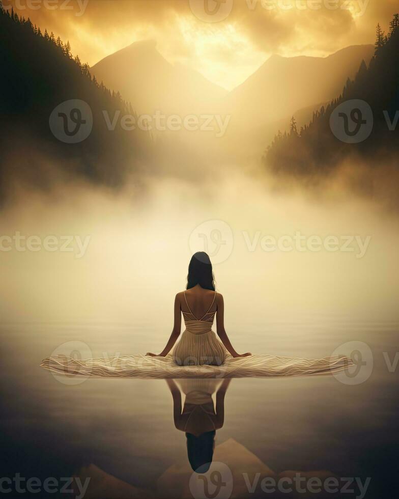 steigend Meditation Stille Betrachtung sich ausruhen See Landschaft Stille Foto Zen Entspannung einsam Frau