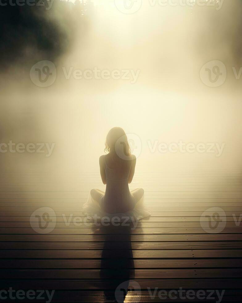 steigend Meditation Stille Betrachtung sich ausruhen See Landschaft Stille Foto Zen Entspannung einsam Frau