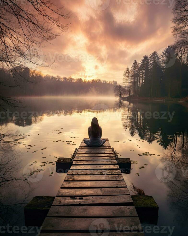 steigend Meditation Stille Betrachtung sich ausruhen See Landschaft Stille Foto Zen Entspannung einsam Frau