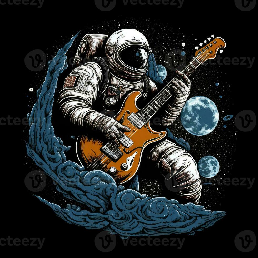 Astronaut Gitarre T-Shirt Design Attrappe, Lehrmodell, Simulation druckbar Startseite tätowieren isoliert Vektor Illustration Kunstwerk foto