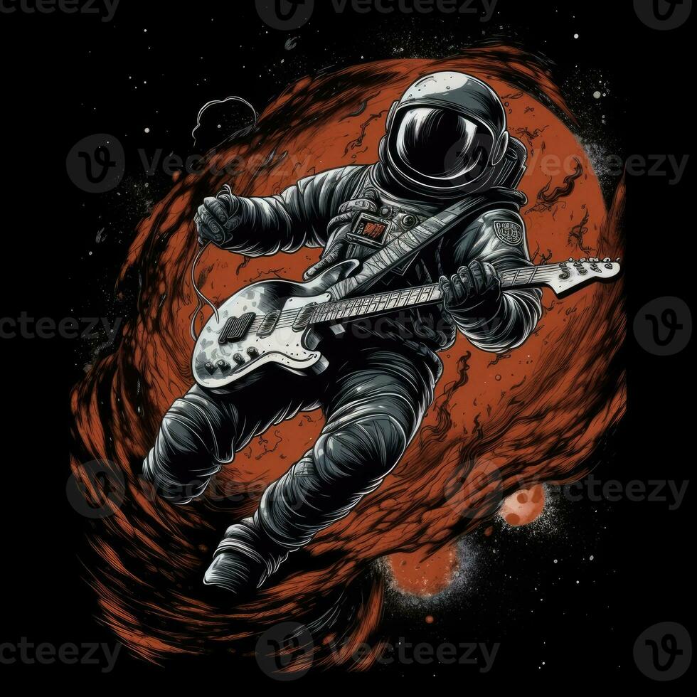 Astronaut Gitarre T-Shirt Design Attrappe, Lehrmodell, Simulation druckbar Startseite tätowieren isoliert Vektor Illustration Kunstwerk foto