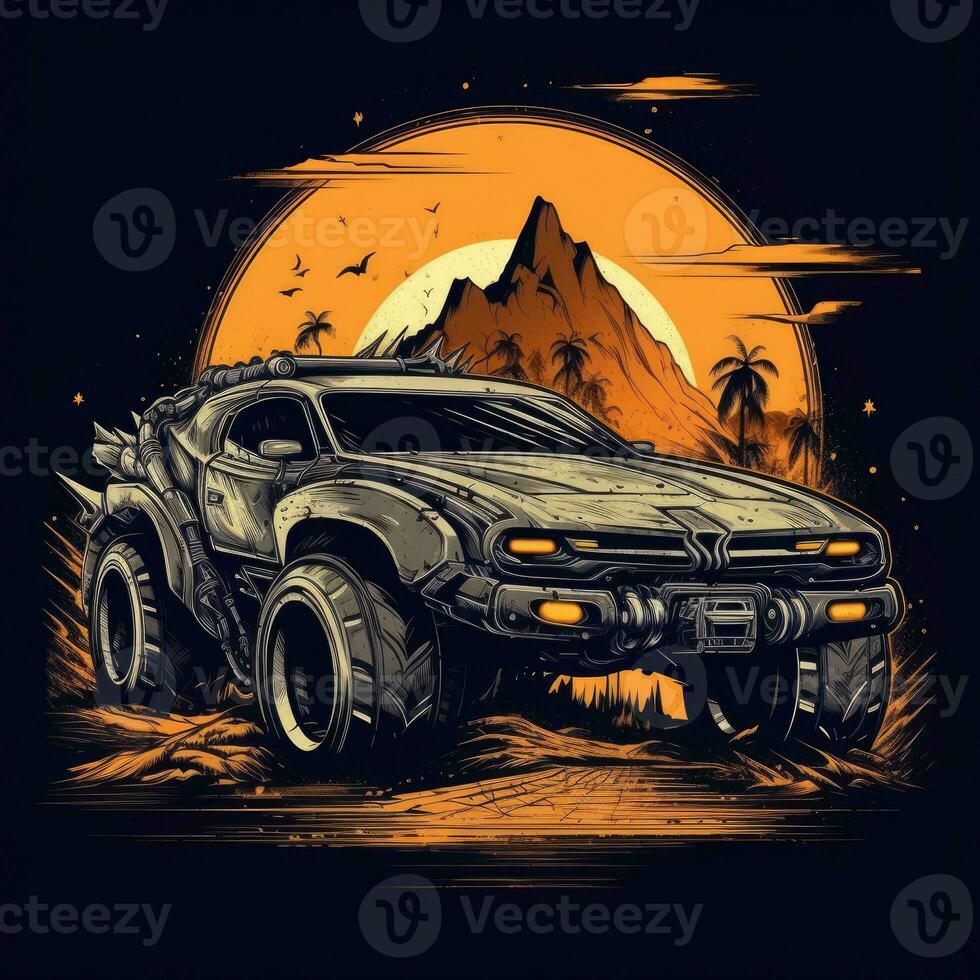 wütend max Auto Monster LKW T-Shirt Design Attrappe, Lehrmodell, Simulation druckbar Startseite tätowieren isoliert Vektor Illustration foto