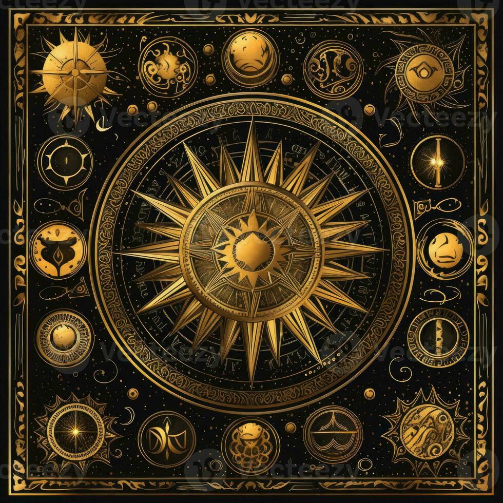 golden mystisch Kosmos Kompass Planet Tarot Karte Konstellation Navigation Tierkreis Illustration foto