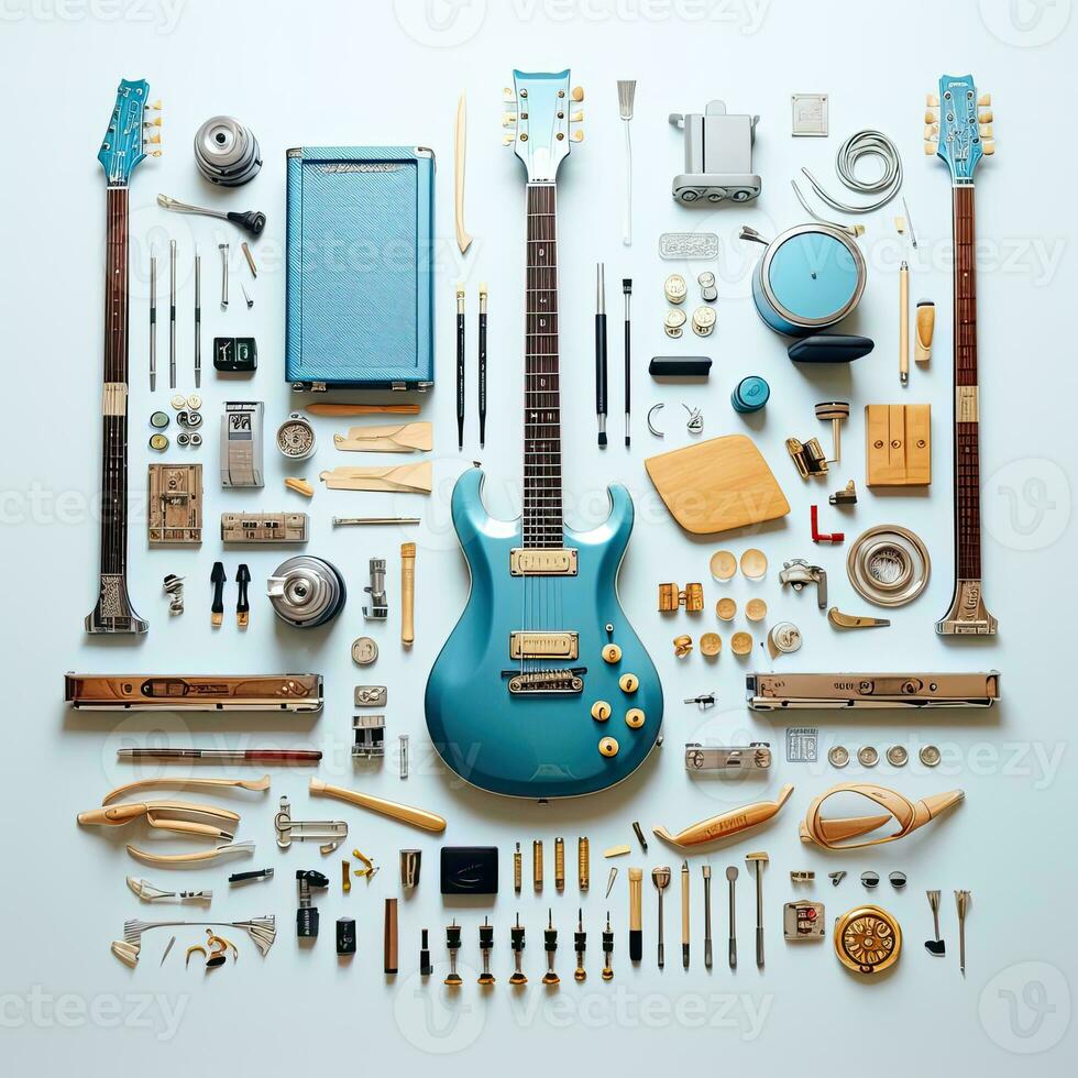 Gitarre Künstler Musik- Jahrgang Knolling eben liegt Mode Foto Salon stilvoll Mode Sammlung einstellen