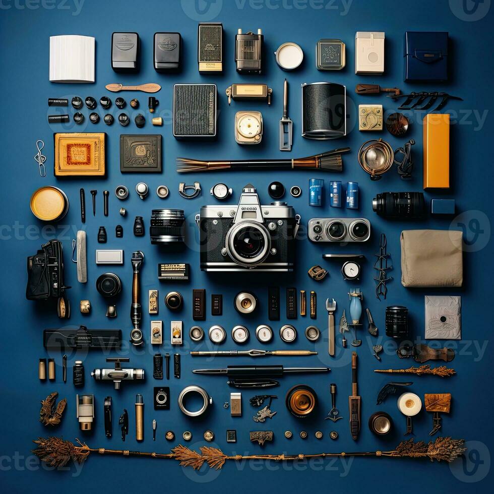 Fotograf Jahrgang Knolling eben liegt Mode Foto Salon stilvoll Kleider Mode Sammlung einstellen