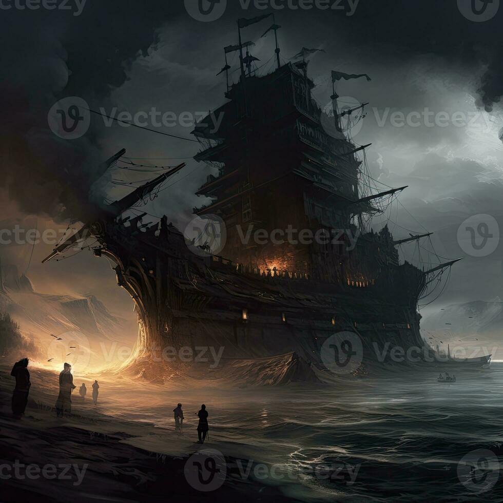 Schiff Meer Ozean alt Pirat Landschaft Stadt Mystiker Poster Außerirdischer Steampunk Hintergrund Fantastisch foto