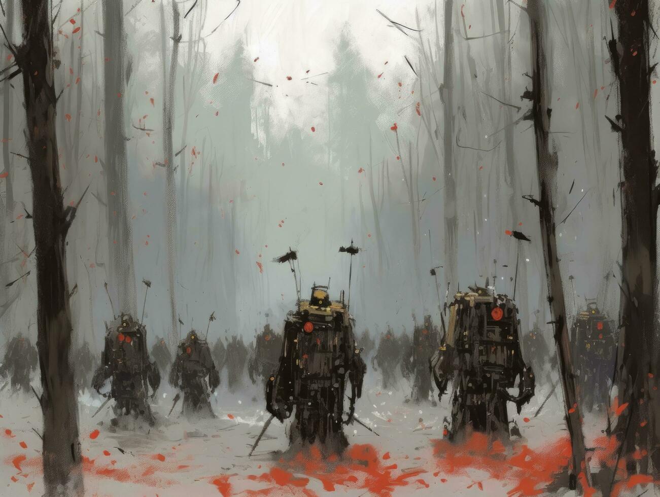 Wald Schlacht Roboter Sense Landschaft Stadt Mystiker Poster Außerirdischer Steampunk Hintergrund Fantastisch foto