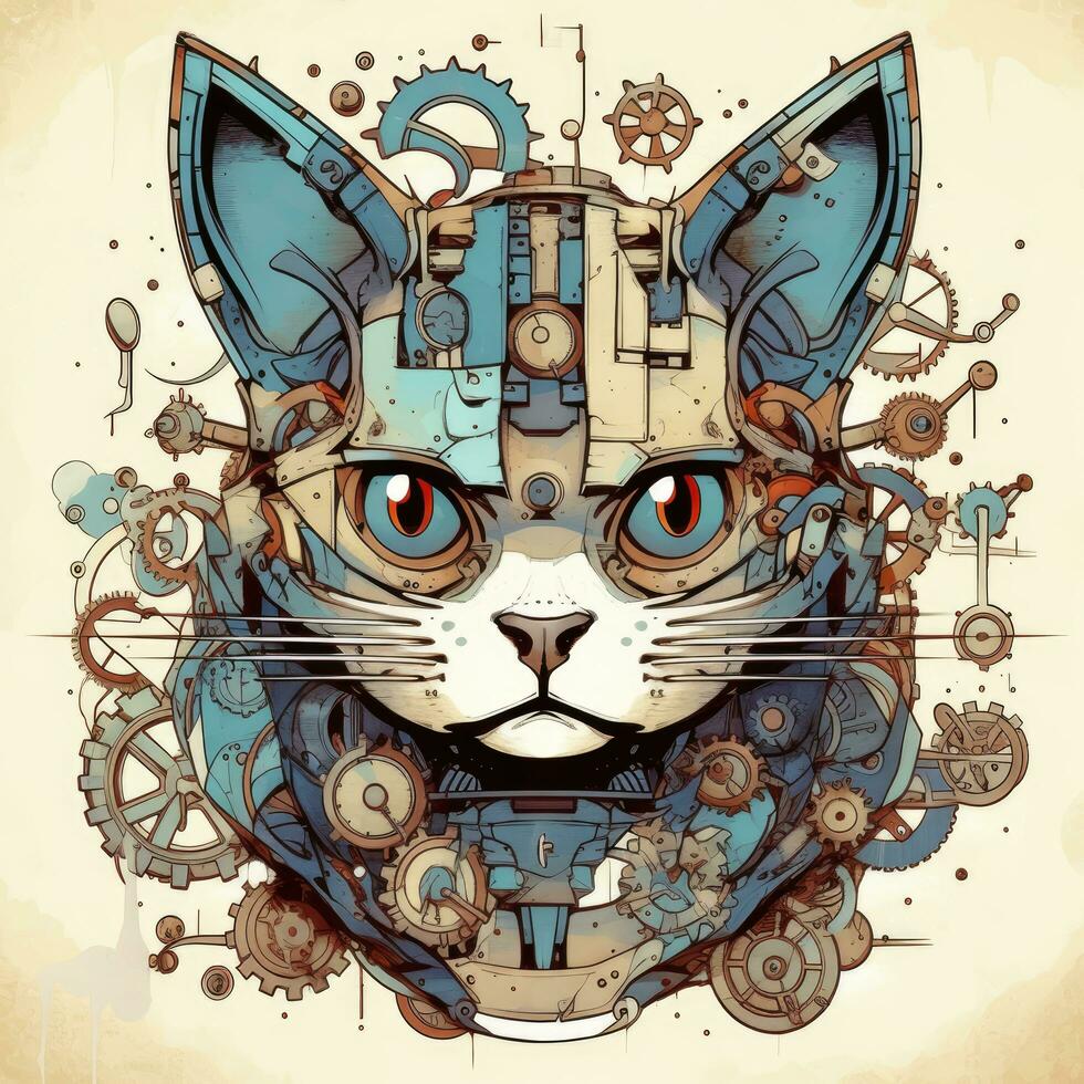 Katze Porträt groß Augen Getriebe abstrakt Illustration tätowieren industriell Poster Kunst geometrisch Vektor Steampunk foto