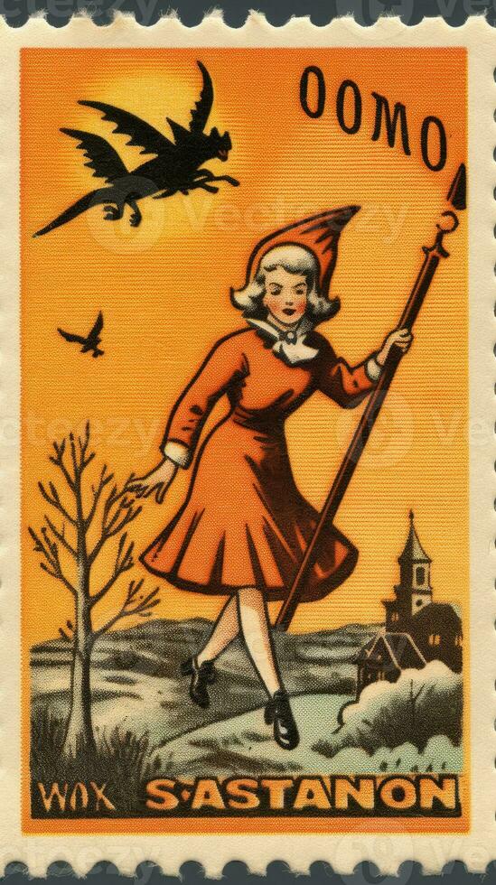 Kinder Kinder süß Porto Briefmarke retro Jahrgang 1930er Jahre Halloween Kürbis Illustration Scan Poster foto