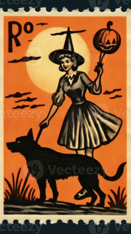 schwarz Katze Hut süß Porto Briefmarke retro Jahrgang 1930er Jahre Halloween Kürbis Illustration Scan Poster foto