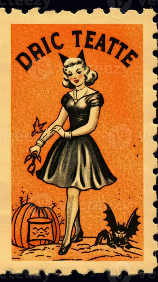 Hexe Frau süß Porto Briefmarke retro Jahrgang 1930er Jahre Halloween Kürbis Illustration Scan Poster foto