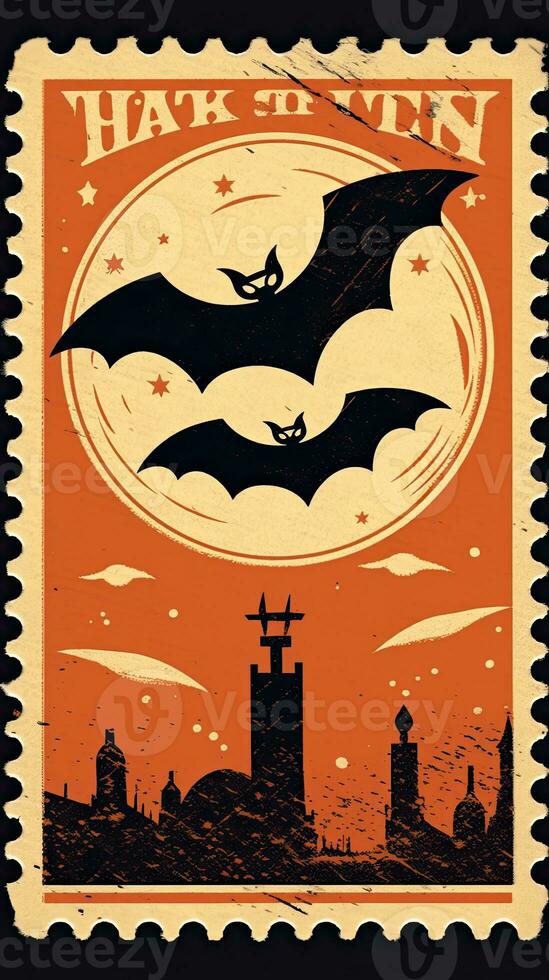 Fledermäuse Mond süß Porto Briefmarke retro Jahrgang 1930er Jahre Halloween Kürbis Illustration Scan Poster foto