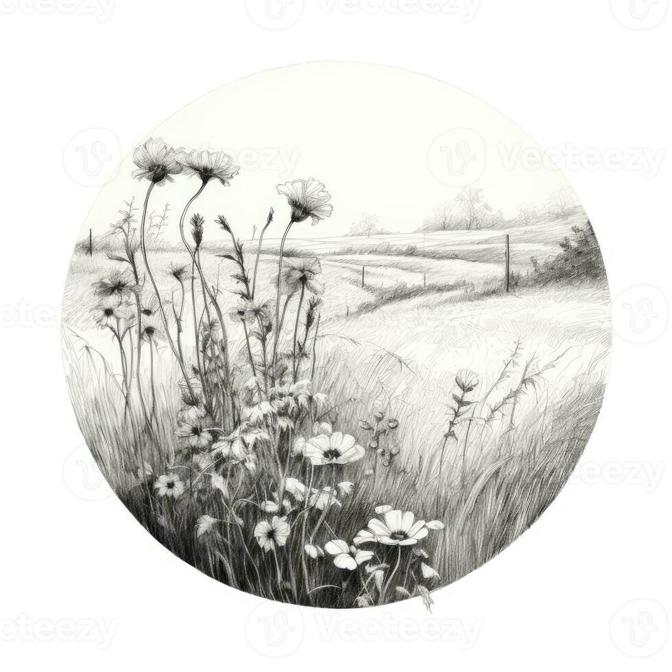 Blume Feld Kreide Bleistift Landschaft skizzieren Gekritzel realistisch einfach Poster runden Kunst Hand gezeichnet foto