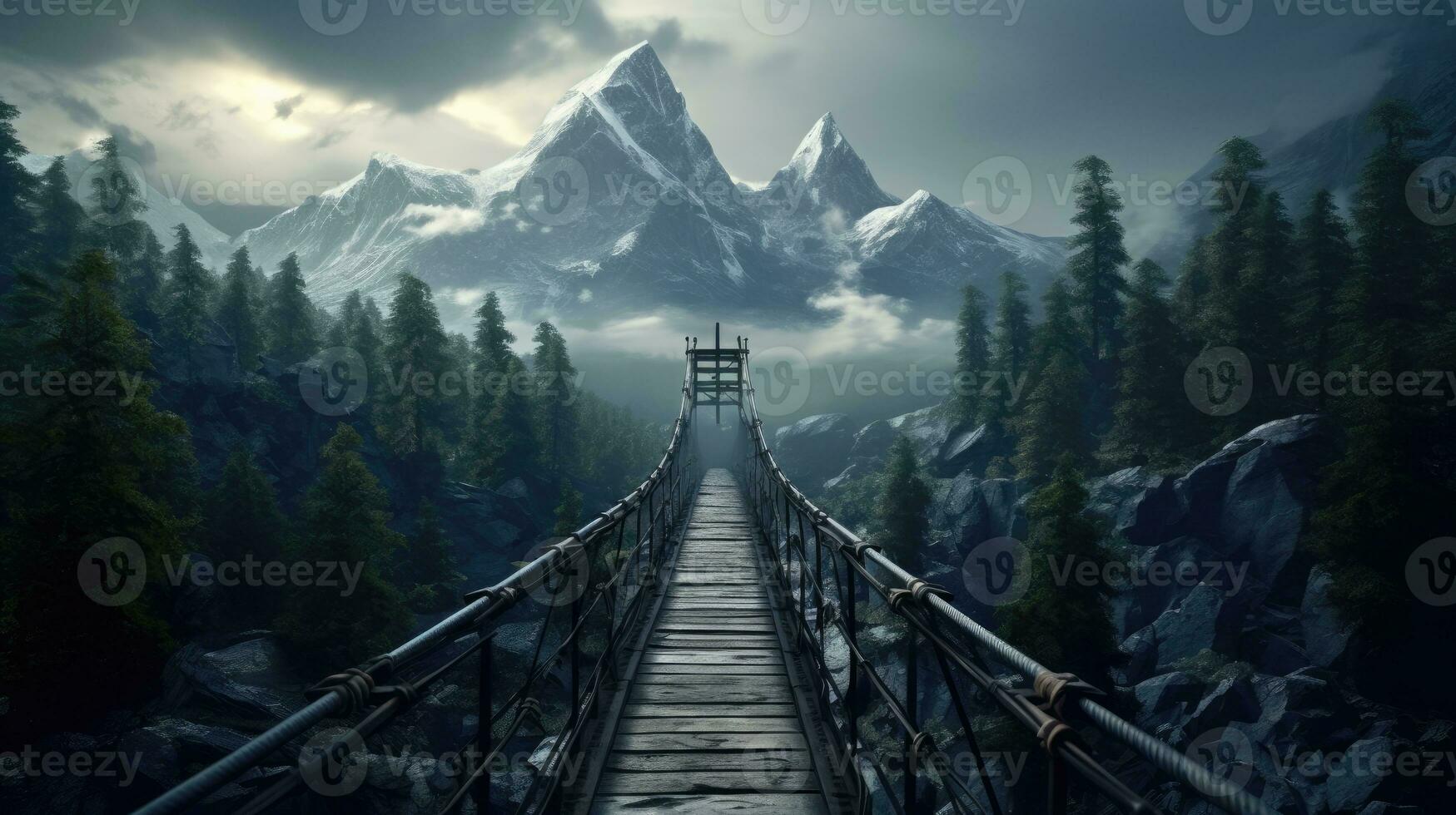 Brücke Berge Nebel launisch friedlich Landschaft Freiheit Szene schön Natur Hintergrund Foto