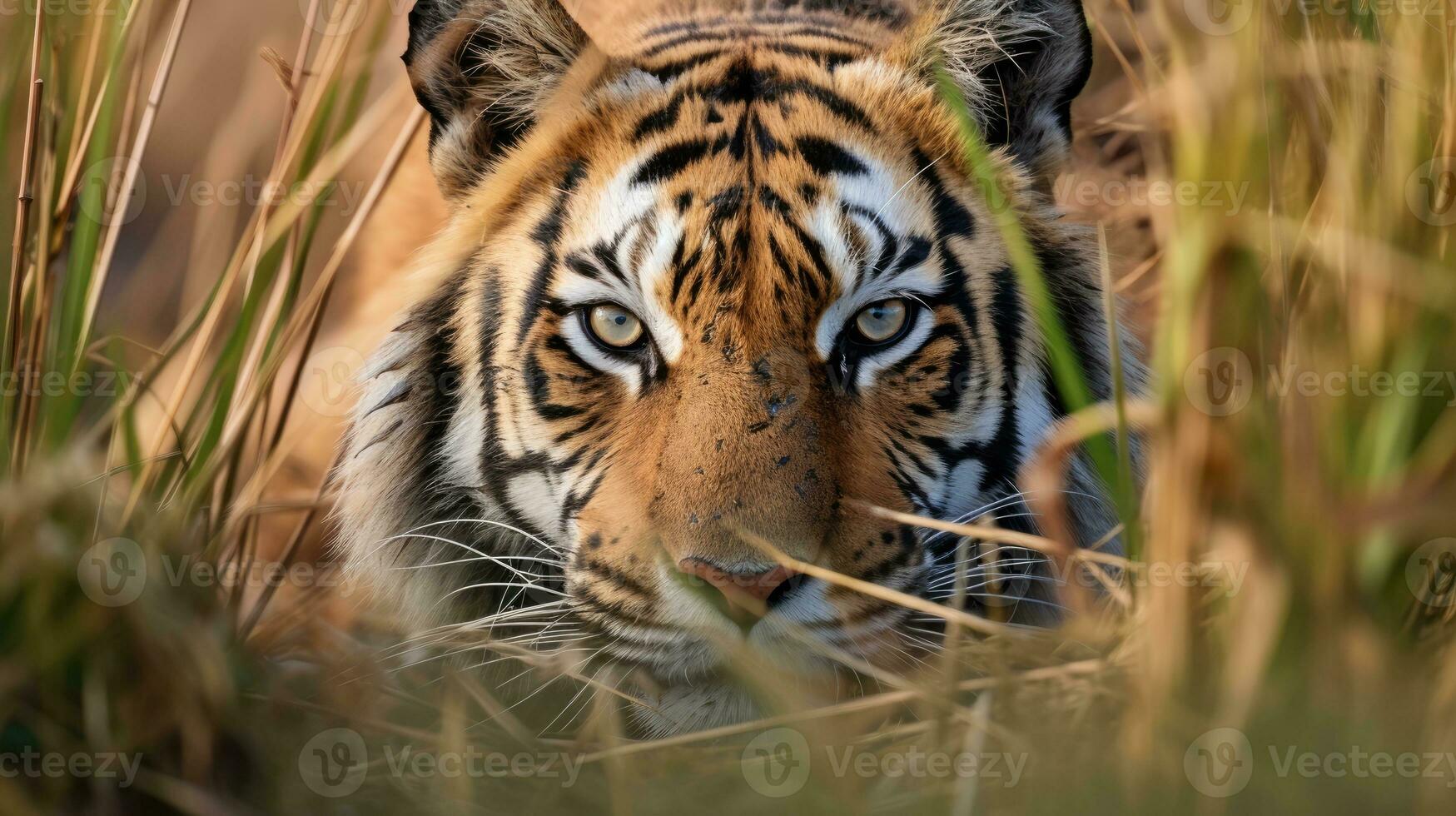 Tiger versteckt Raubtier Fotografie Gras National geografisch Stil 35mm Dokumentarfilm Hintergrund foto