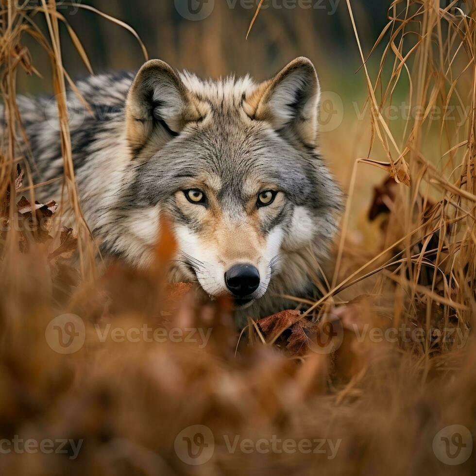 Wolf versteckt Raubtier Fotografie Gras National geografisch Stil 35mm Dokumentarfilm Hintergrund foto