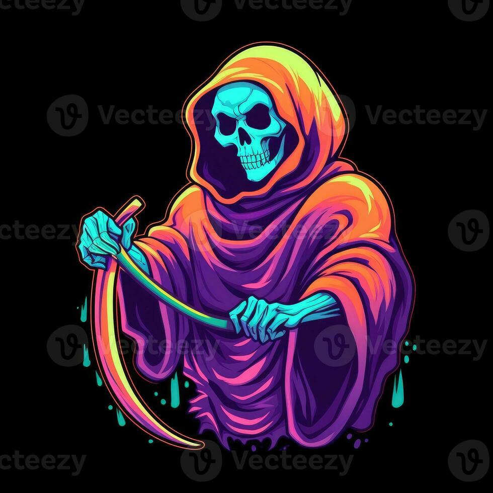 Sensenmann Tod Neon- Symbol Logo Halloween süß unheimlich hell Illustration tätowieren isoliert Vektor foto