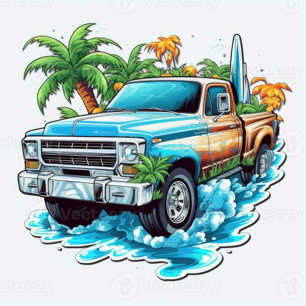 LKW Jeep bunt tropisch Spritzen T-Shirt Design tätowieren Aufkleber Clip Art Welle Miami Parasit foto