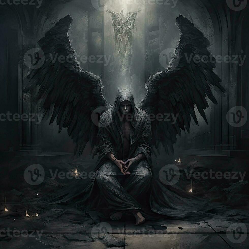 dunkel Engel mystisch Flügel Teufel Albtraum Modell- Dunkelheit Mythos Sitzung dunkel Epos Illustration foto