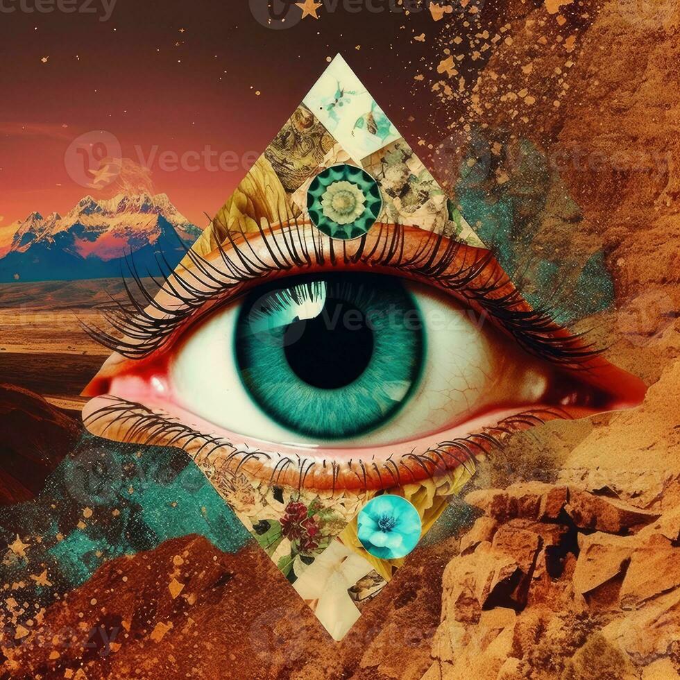 surreal abstrakt Auge Dreieck Pyramide Magie Mason tätowieren Gelb Illustration Kunstwerk Poster foto