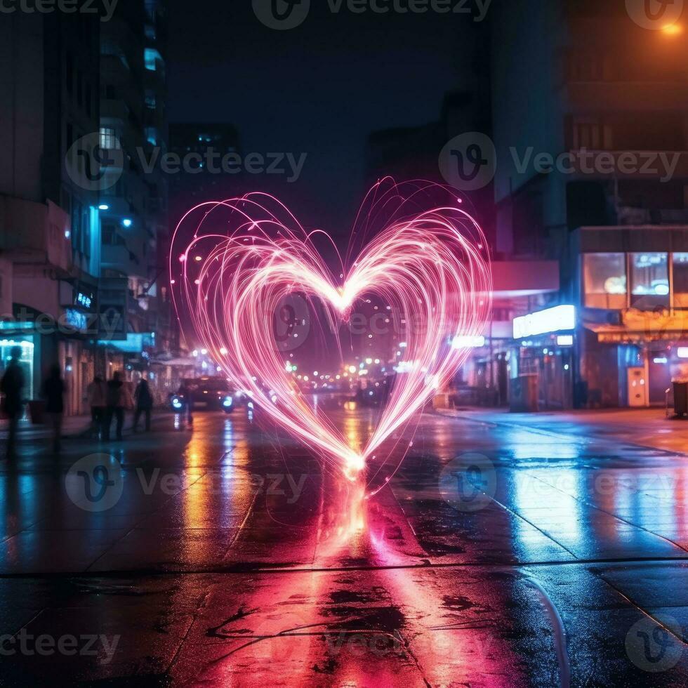 Herz beleuchtet Licht Gemälde einfrieren Foto lange Exposition Rosa Straße Stadt Neon- romantisch