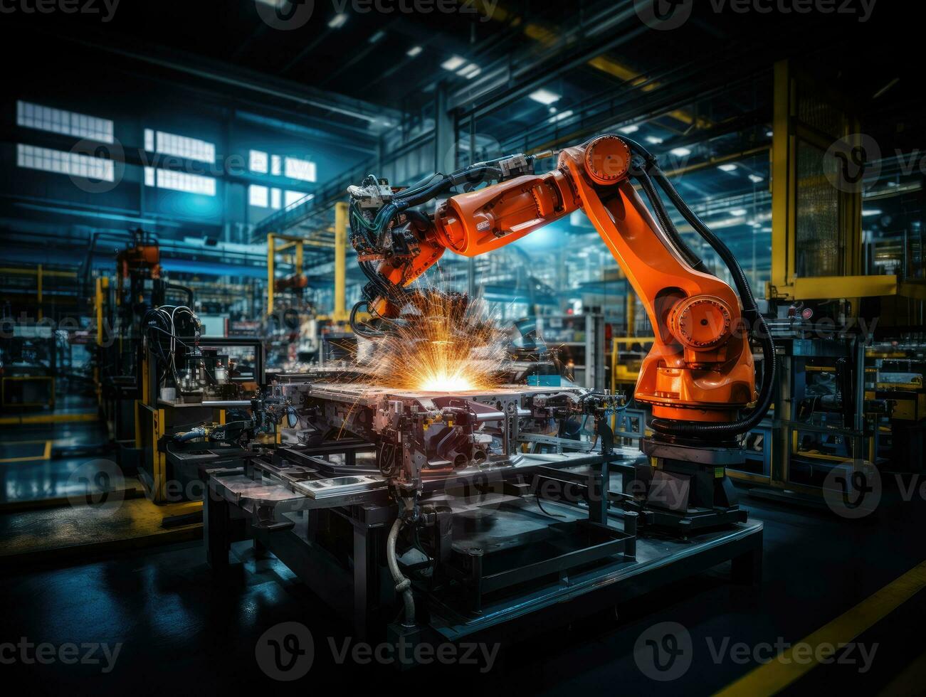 Roboter Arm Versammlung Maschine Fabrik Werkstatt Funken Foto Herstellung automatisiert Produktion