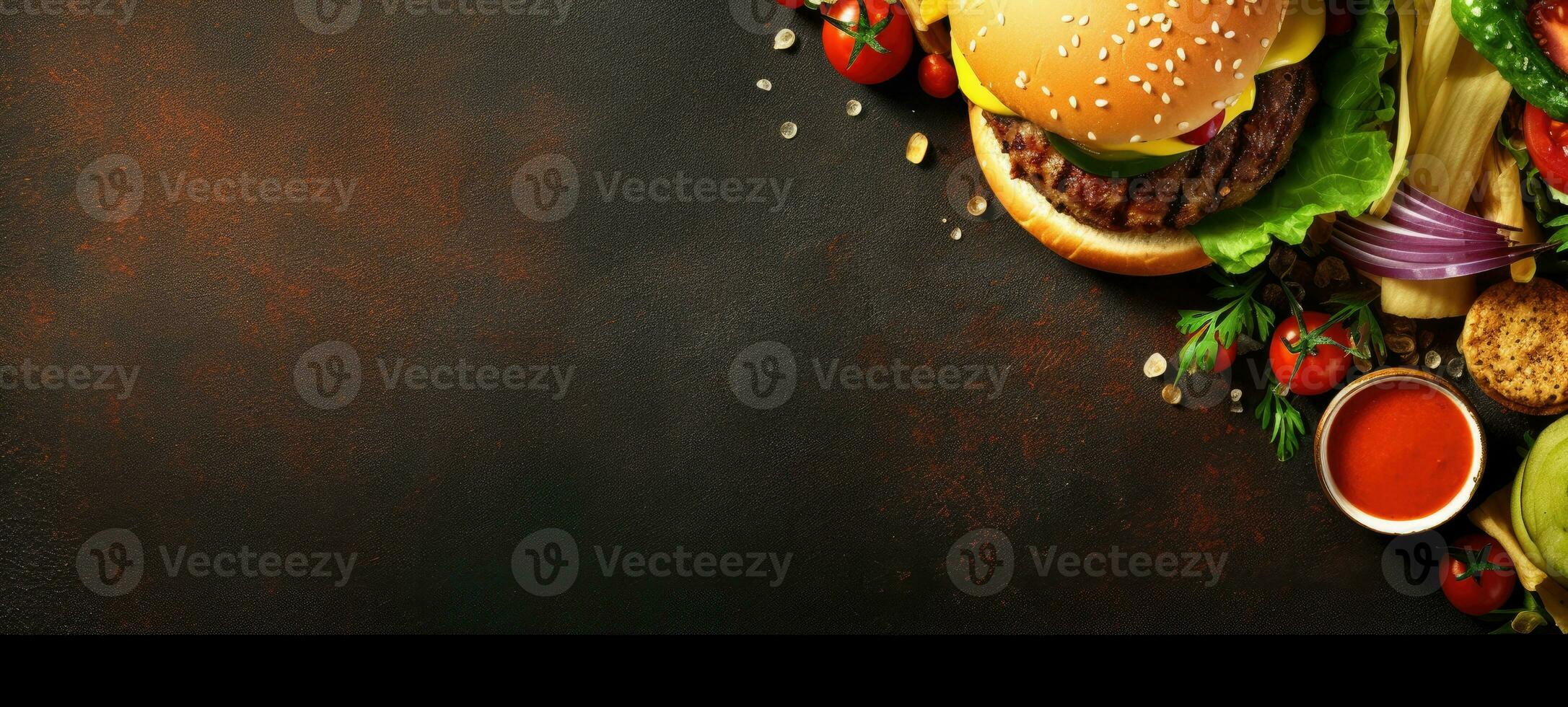 Burger braten souse Banner kostenlos Raum Text Attrappe, Lehrmodell, Simulation schnell Essen oben Aussicht leeren Fachmann Phonographie foto