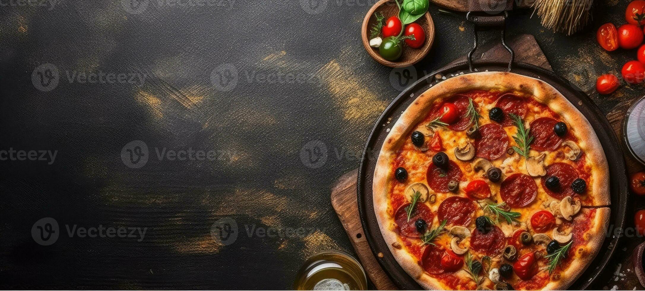 Pizza Peperoni Banner kostenlos Raum Text Attrappe, Lehrmodell, Simulation schnell Essen oben Aussicht leeren Fachmann Phonographie foto