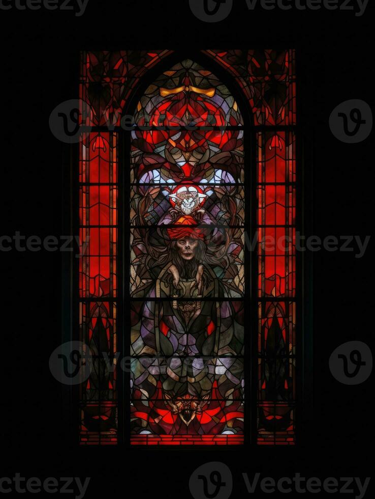 Teufel Satan böse befleckt Glas Fenster Mosaik religiös Collage Kunstwerk retro Jahrgang Religion foto