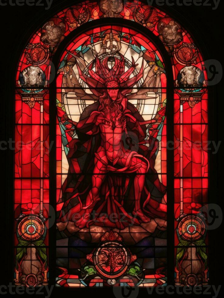 Teufel Satan böse befleckt Glas Fenster Mosaik religiös Collage Kunstwerk retro Jahrgang Religion foto