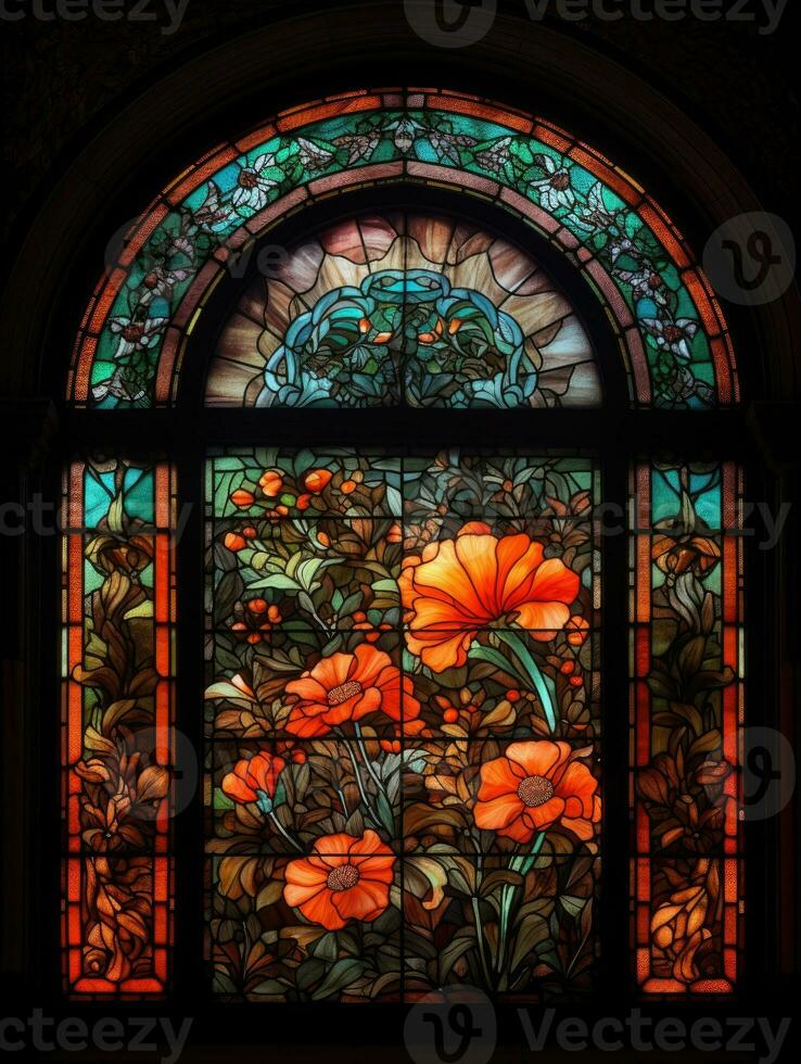 Blumen befleckt Glas Fenster Mosaik religiös Collage Kunstwerk retro Jahrgang texturiert Religion foto