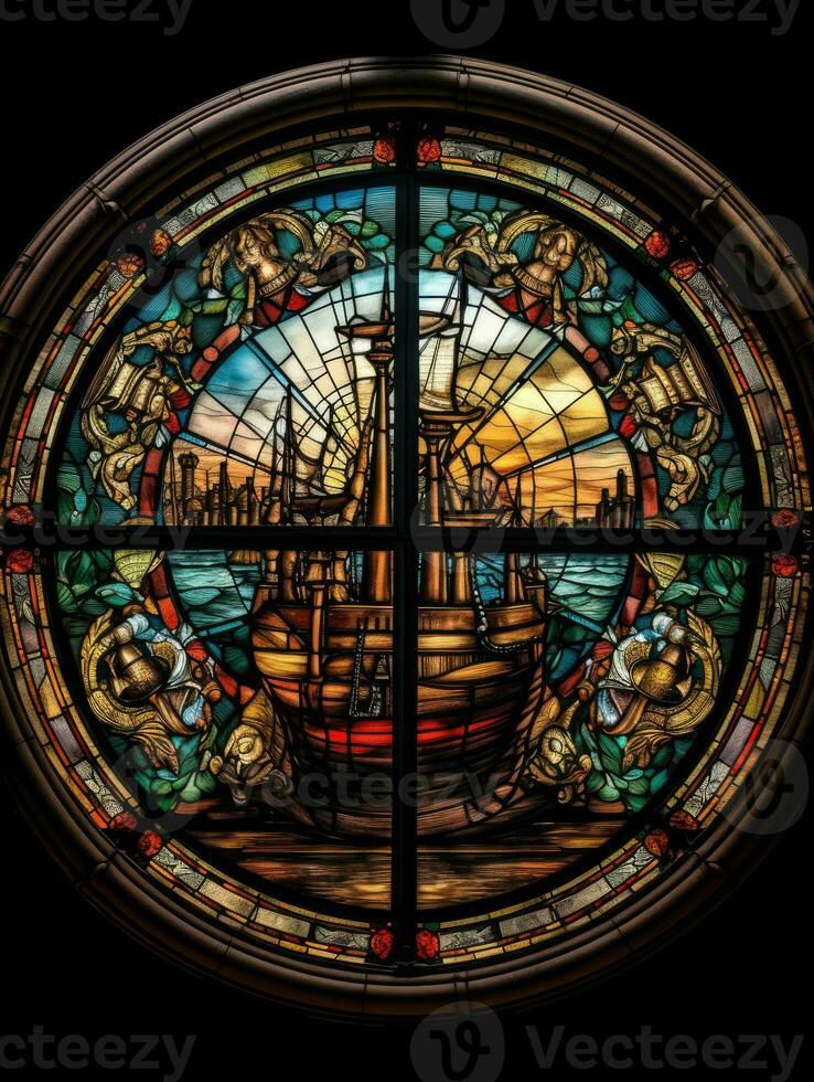 Schiff Meer befleckt Glas Fenster Mosaik religiös Collage Kunstwerk retro Jahrgang texturiert Religion foto