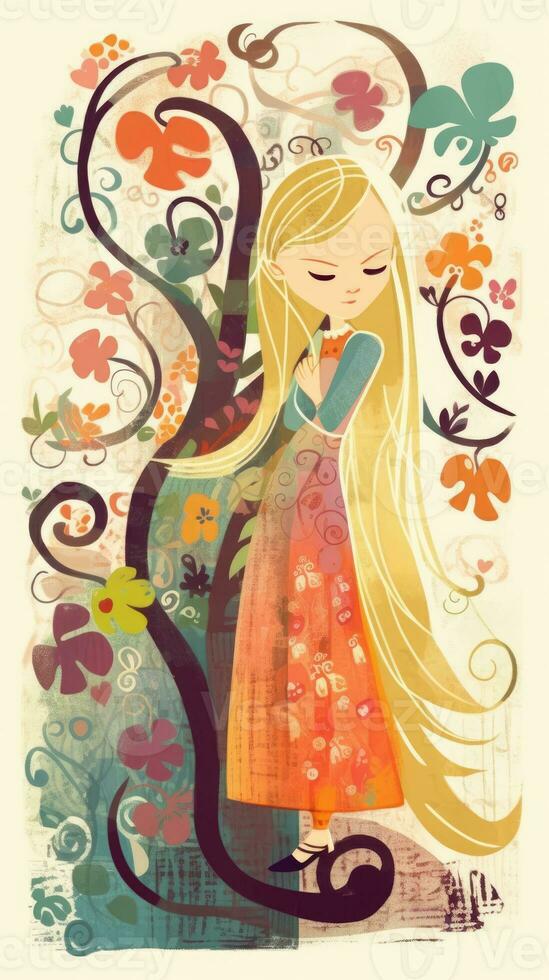 Rapunzel Märchen Charakter Karikatur Illustration Fantasie süß Zeichnung Buch Kunst Poster Grafik foto