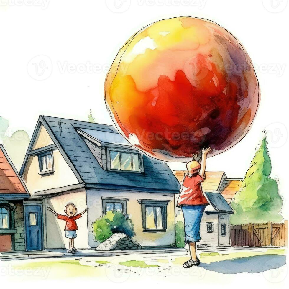 Kind mit Riese Ballon skizzieren Karikatur Schlaganfall Gekritzel Illustration Vektor Hand gezeichnet Clip Art foto