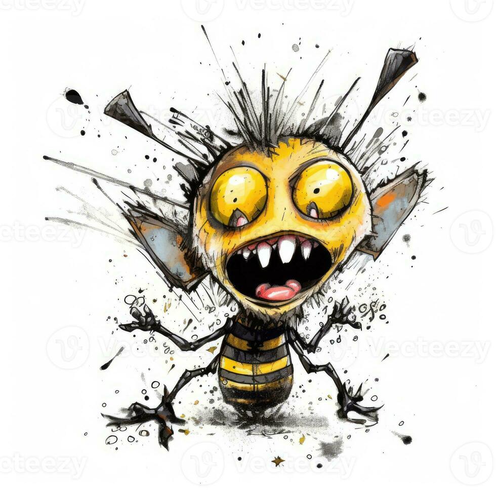 verrückt Biene skizzieren Karikatur Schlaganfall Gekritzel Illustration Vektor Hand gezeichnet Maskottchen Clip Art foto
