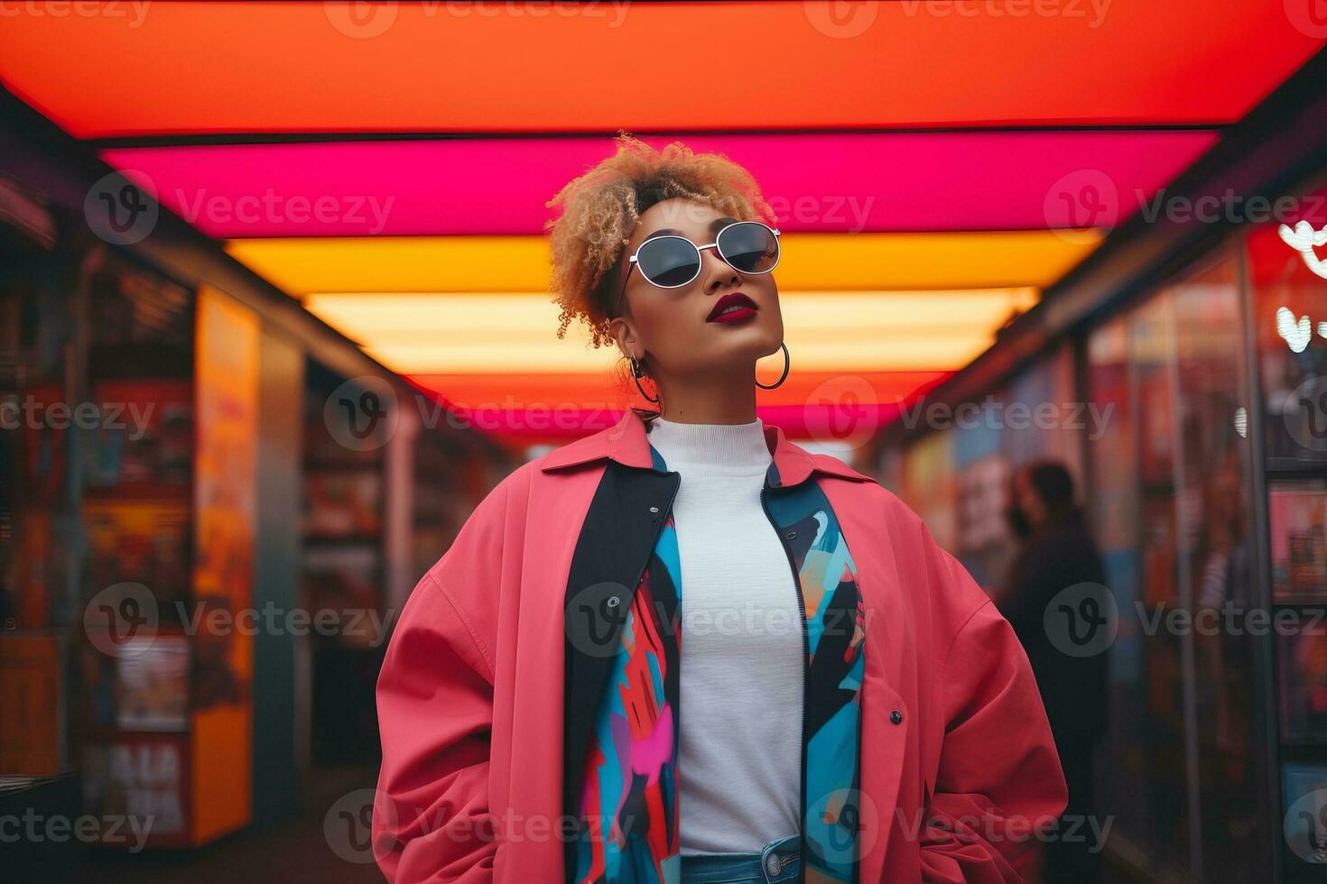 Plus Größe modern Frau schaukeln modern gegen das beschwingt Neon- Straßen ai generativ foto