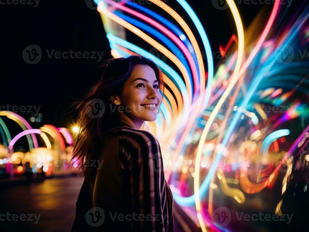 Frau Gehen selbstbewusst durch das beschwingt Neon- zündete Straßen ai generativ foto